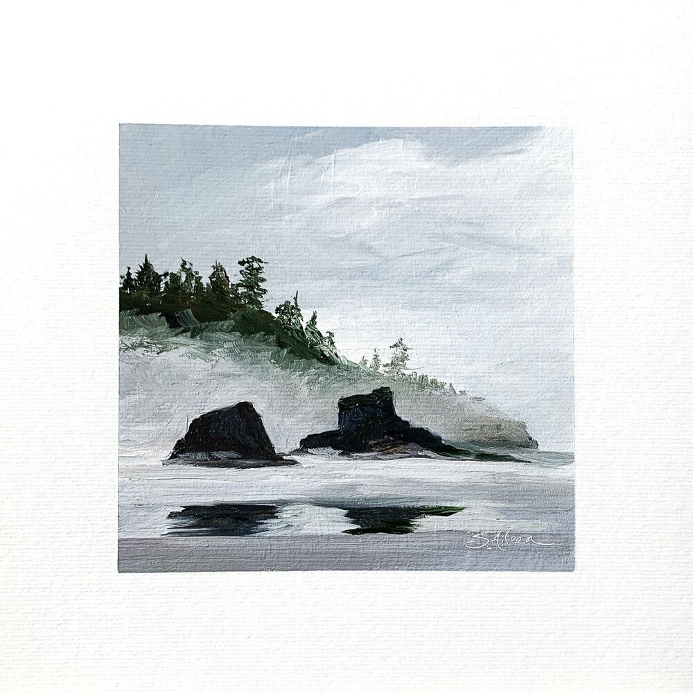 8x8 PNW Original Oil Painting Pacific Seascape Sea Stacks Foggy Beach Art Signed
